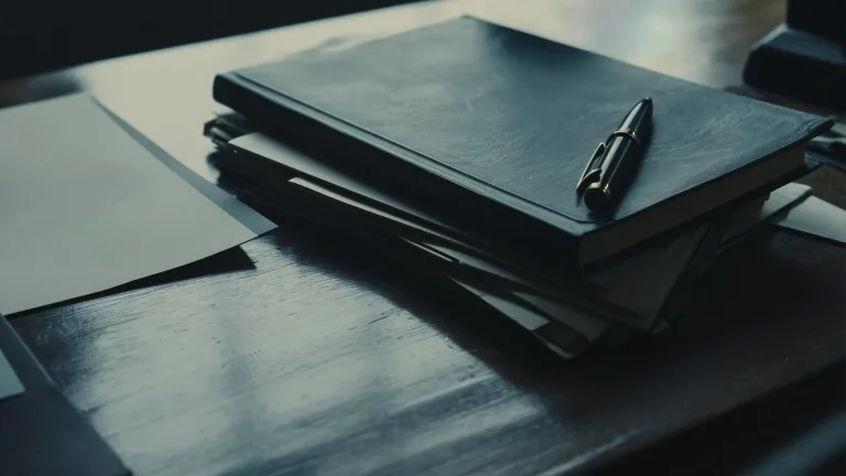 A pen resting on a stack of dark hardback notebooks on a desk
